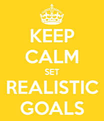 On yellow background, with a crown at the top the white text reads "Keep Calm Set Realistic Goals"