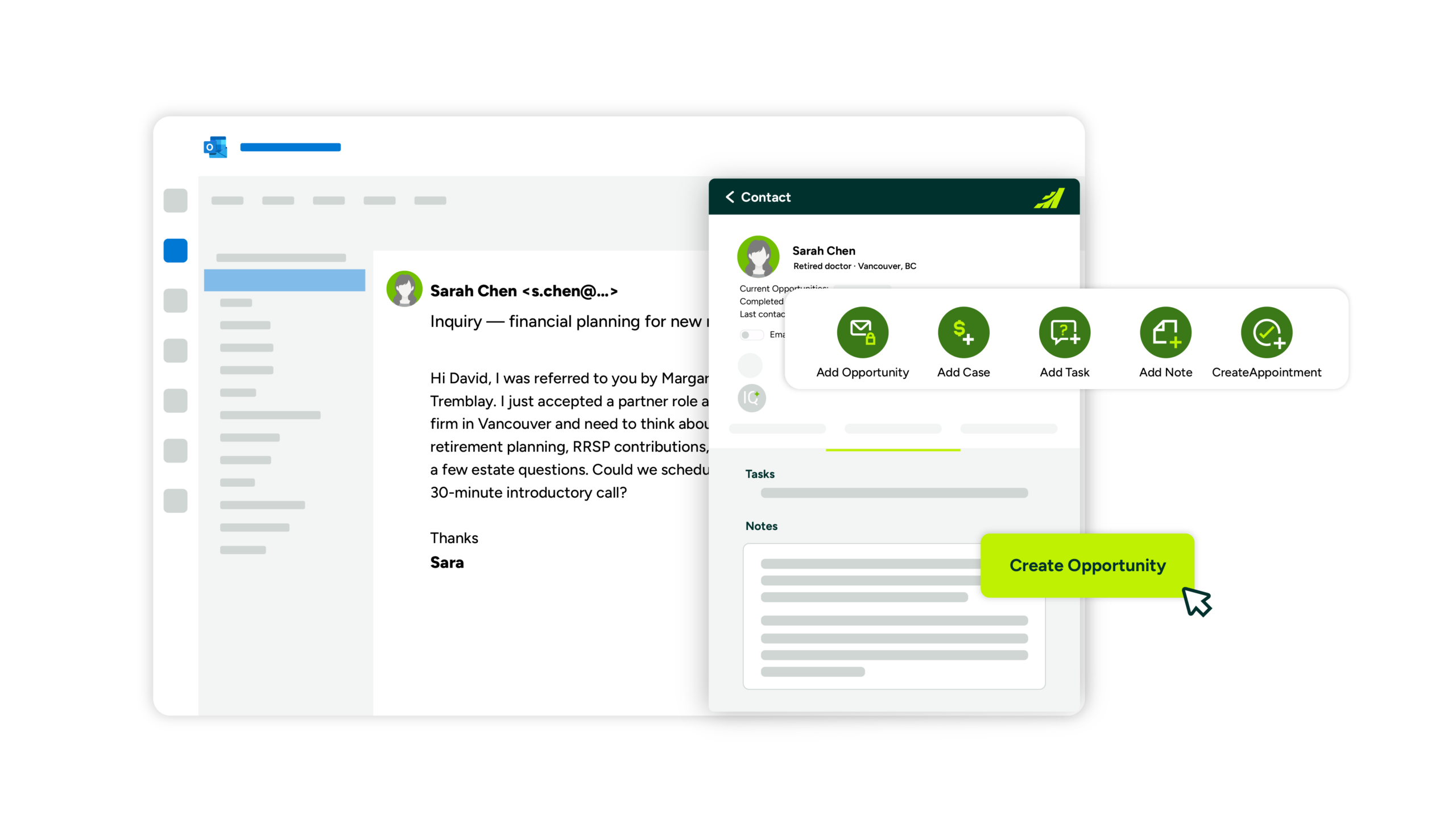 A new prospect's email in Outlook with the Maximizer action menu open, listing seven one-click options to turn the email into a contact, lead, opportunity, case, task, note, or appointment, with Create Opportunity highlighted.